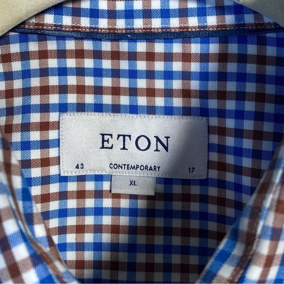 Eton Contemporary 17/43 XL Men’s Dress Shirt Spread Collar Blue Brown Gingham - Picture 6 of 8
